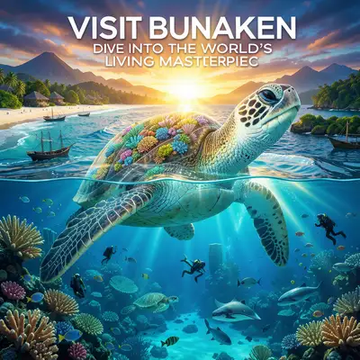 Bunaken tourism poster with colossal coral sea turtle