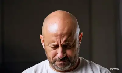 Sad bald man becomes happy with wig and sunglasses