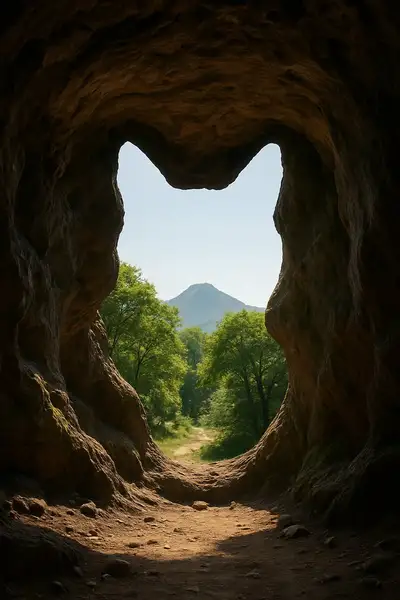 Cave interior with shaped opening and outdoor view