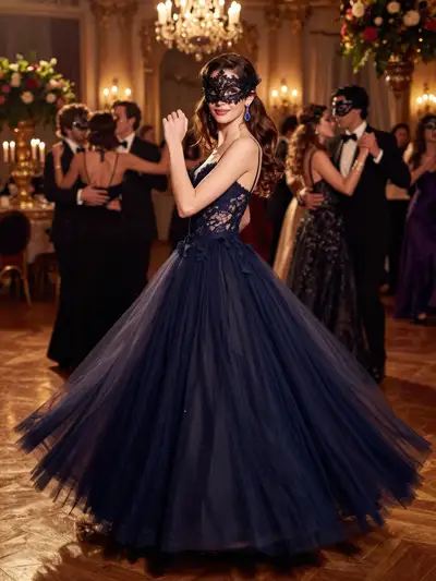 Photorealistic masquerade ball fashion editorial
