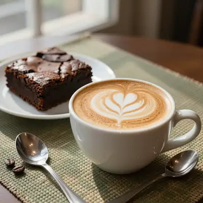 Cappuccino and brownie tabletop food photography