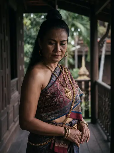 Moody portrait of a Thai woman in traditional wrap-around outfit