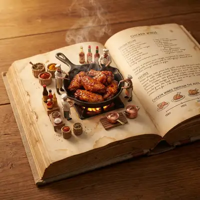 Aile de poulet émergeant d'une scène de diorama de livre de cuisine vintage