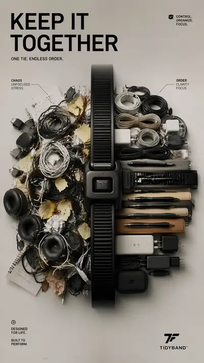 Giant cable tie organizing everyday chaos, conceptual ad