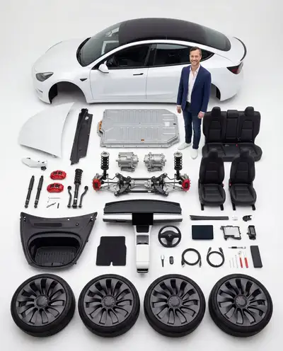 Disposição knolling de um Tesla Model 3 Performance e suas peças