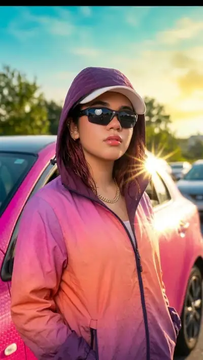 Foto de moda inclinada para fora da janela de um carro em movimento