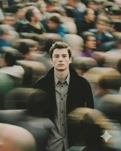 Still subject amid a motion-blurred crowd, long exposure portrait