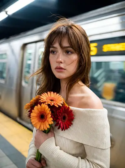 Cinematic subway platform portrait with a passing train blur