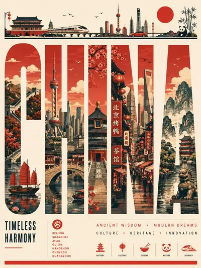 Retro-Vektor-Reiseposter mit typografisch integrierter Skyline