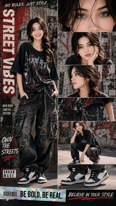 Affiche collage de mode streetwear urbaine avec t-shirt graphique usé