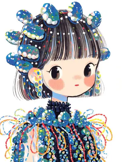 Whimsical doll-like fashion illustrations, pearls and pop art