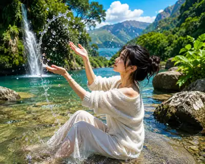 Ultra-Realistic Travel Photo of Woman in Two Nature Scenes