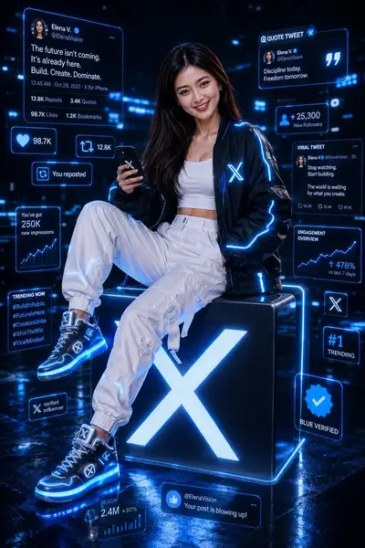 Hyper-realistic cinematic portrait on glowing X logo cube