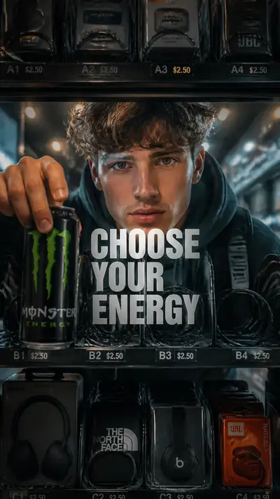 Vending machine POV lifestyle advertisement with a young model