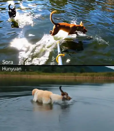 Dog and cat fighting in a lake