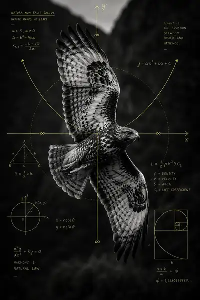 Black and white hawk photograph with mathematical diagram overlay