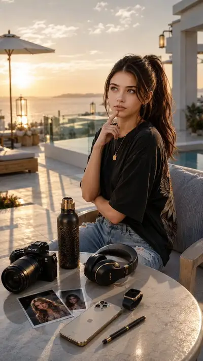 Luxury terrace portrait with premium product flat lay