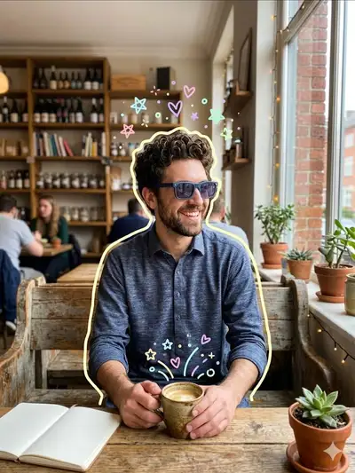 Candid Coffee Shop Photo with Doodle Overlay