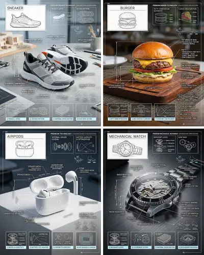 Premium technical infographic with blueprint overlay on a real object