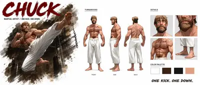Fiche de Bible de Personnage Cinématographique pour l'Artiste Martial Chuck