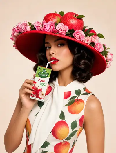 Retrato de moda retro con sombrero floral temático de Apple