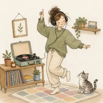 Gemütliche Aquarell-Illustration einer tanzenden Frau in ihrem Zimmer