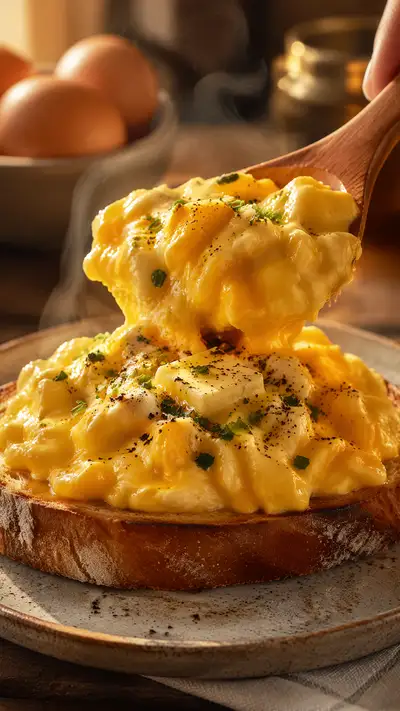 Cinematic scrambled eggs cooking video prompt