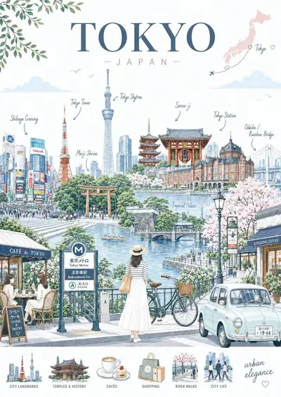 Póster de viaje editorial premium en flat-vector de una ciudad