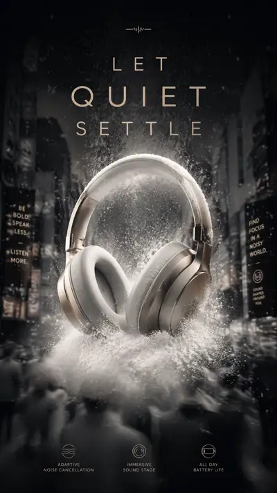 Headphones poster with silence-as-particles concept