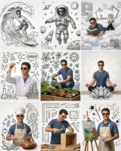 3x3 Collage of Tom Cruise in Creative Worlds