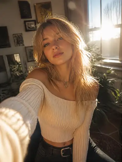 日差しの窓辺セルフィーポートレートプロンプト