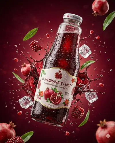 Cherry juice bottle commercial product shot prompt