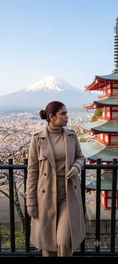 Monte Fuji y la pagoda Chureito: prompt de retrato de viaje matutino