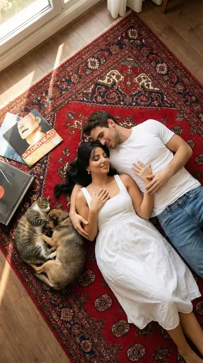 Cinematic Top-View Couple Scene with Pets and Vinyl
