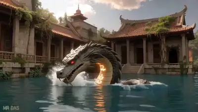 Colossal Serpent God Rising from Temple Lake