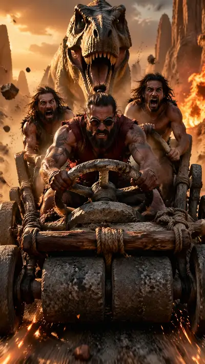 Prehistoric Log Truck Chased by T-Rex Action Scene
