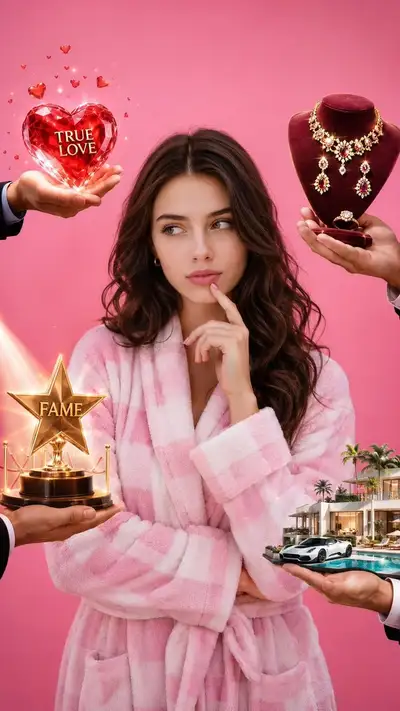 Pink bathrobe beauty ad with floating symbolic objects