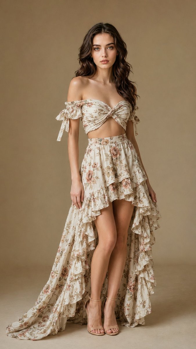 Studio fashion portrait in a romantic floral two-piece
