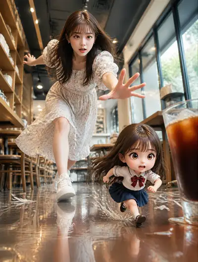 Fantasy portrait of a woman chased by her mini chibi self in a cafe