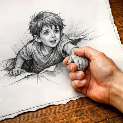 Garçon esquissé sortant d'un papier déchiré vers une main réelle, illusion 3D