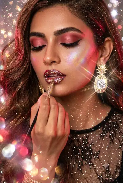 Ultra-Photorealistic Glamour Portrait with Glitter Lipstick