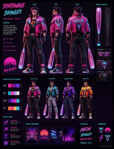 Synthwave Retro Brawler Character Sheet for MOBA