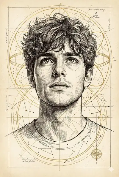 Retrato em tinta com hachuras cruzadas e padrões geométricos celestiais