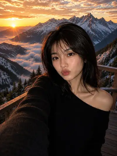 Kinematografisches Selfie-Porträt am Berg zur Goldenen Stunde
