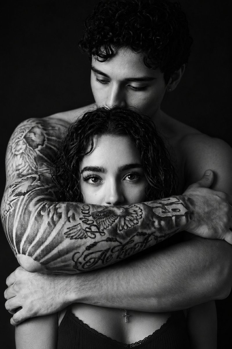 Black and White Protective Couple Embrace Portrait