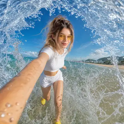 Selfie de acción dinámica con salpicaduras de mar, GPT Image 2