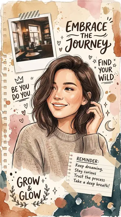 Retrato colagem de scrapbook em aquarela com citações motivacionais