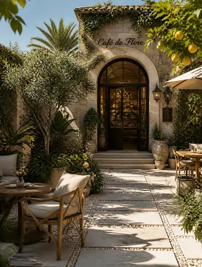 Mediterranean boutique courtyard exterior mood transform