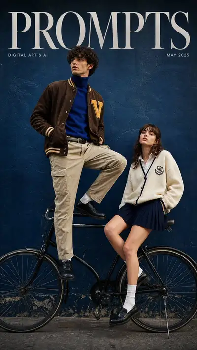 Couverture cinématographique de magazine de mode avec couple et vélo vintage