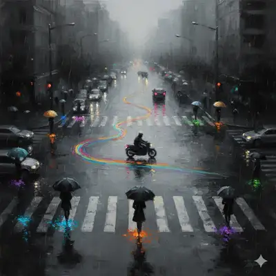 Impressionist rainy street painting with glowing colors